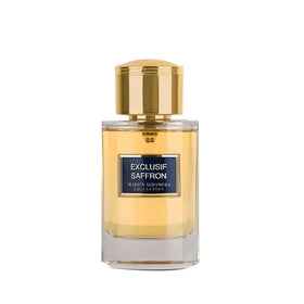 Maison Alhambra Exculsif Saffron bottle front highlights leather-saffron depth for bold events.