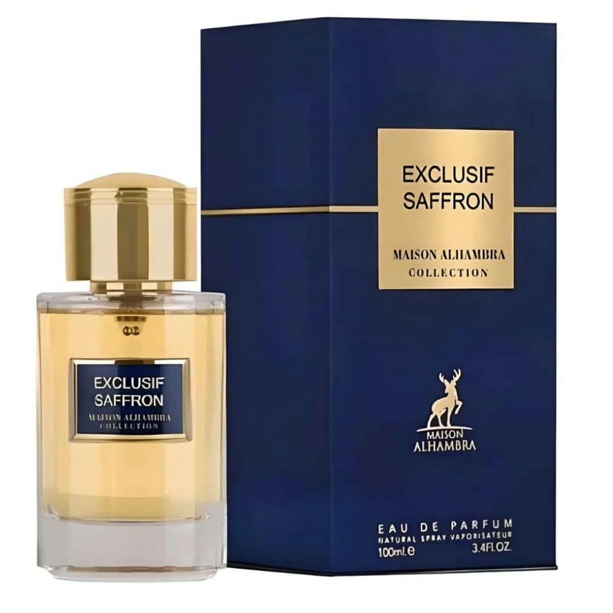 Maison Alhambra Exculsif Saffron bottle pour enhances evening wear and scent projection.