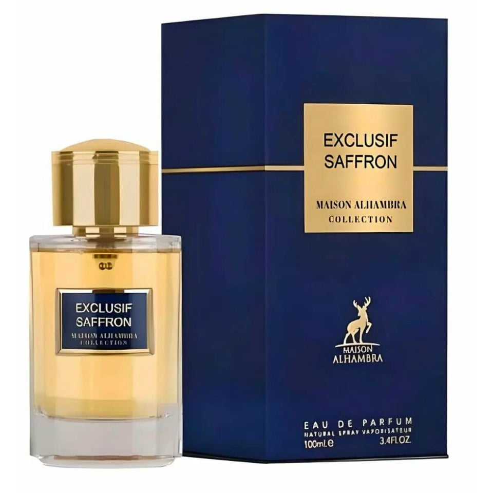 Maison Alhambra Exculsif Saffron bottle pour enhances evening wear and scent projection.