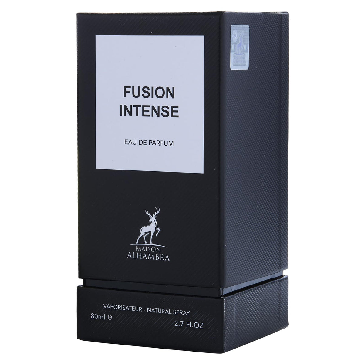 Maison Alhambra Fusion Intense atomizer close-up, highlighting a luxurious long-lasting scent