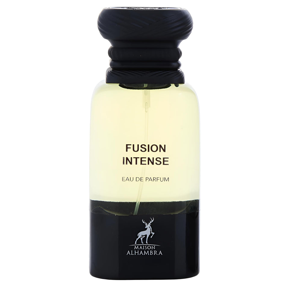 Maison Alhambra Fusion Intense bottle front with leather notes for evening wear