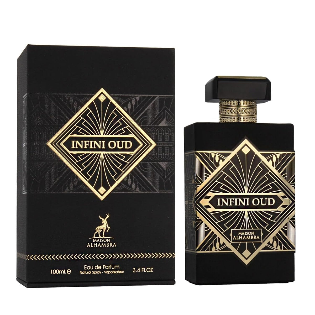 Maison Alhambra Infini Oud bottle, premium unisex fragrance for evening wear.