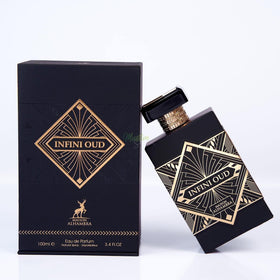 Maison Alhambra Infini Oud packaging box conveys luxury and gifting appeal.