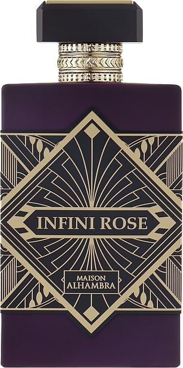 Maison Alhambra Infini Rose bottle front highlights luxurious floral fragrance presentation.