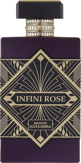 Maison Alhambra Infini Rose bottle front highlights luxurious floral fragrance presentation.