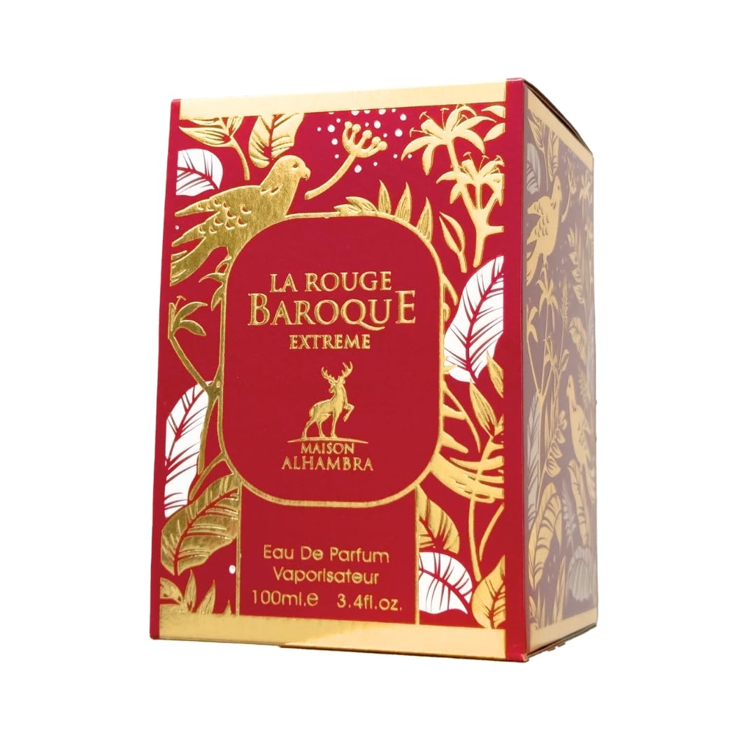 Maison Alhambra La Rouge Baroque Extrait label details highlight premium Middle Eastern fragrance lineage.