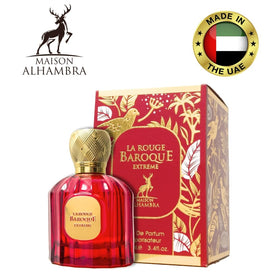 Maison Alhambra La Rouge Baroque Extrait elegant box displays a gift-ready presentation.