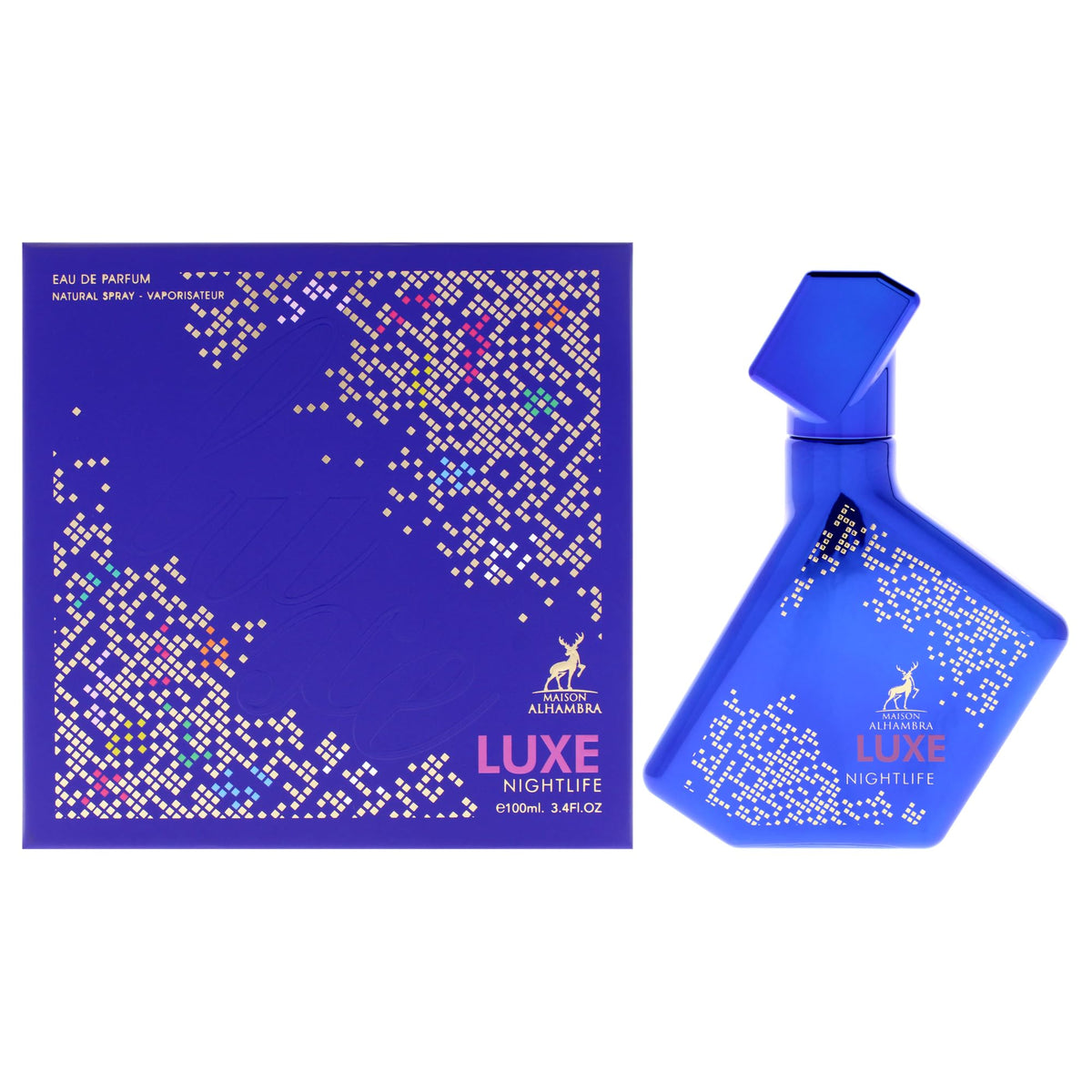 Maison Alhambra Luxe Nightlife bottle front, bold unisex fragrance for night outings.