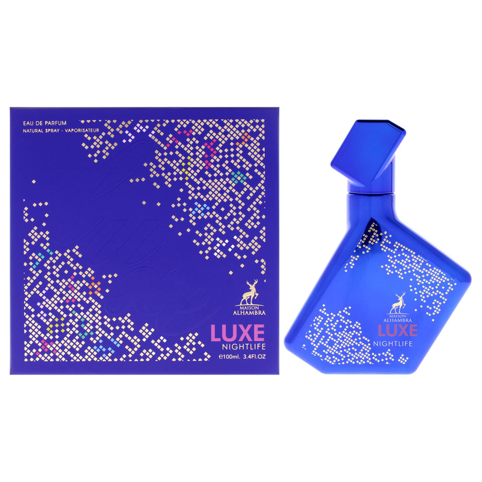 Maison Alhambra Luxe Nightlife bottle front, bold unisex fragrance for night outings.