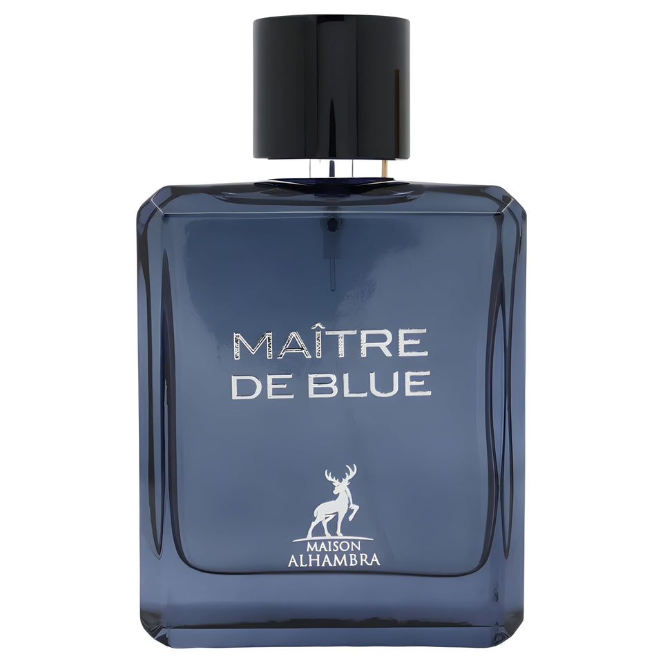 Maison Alhambra Maitre De Blue bottle close-up showing blue liquid for daily confidence.