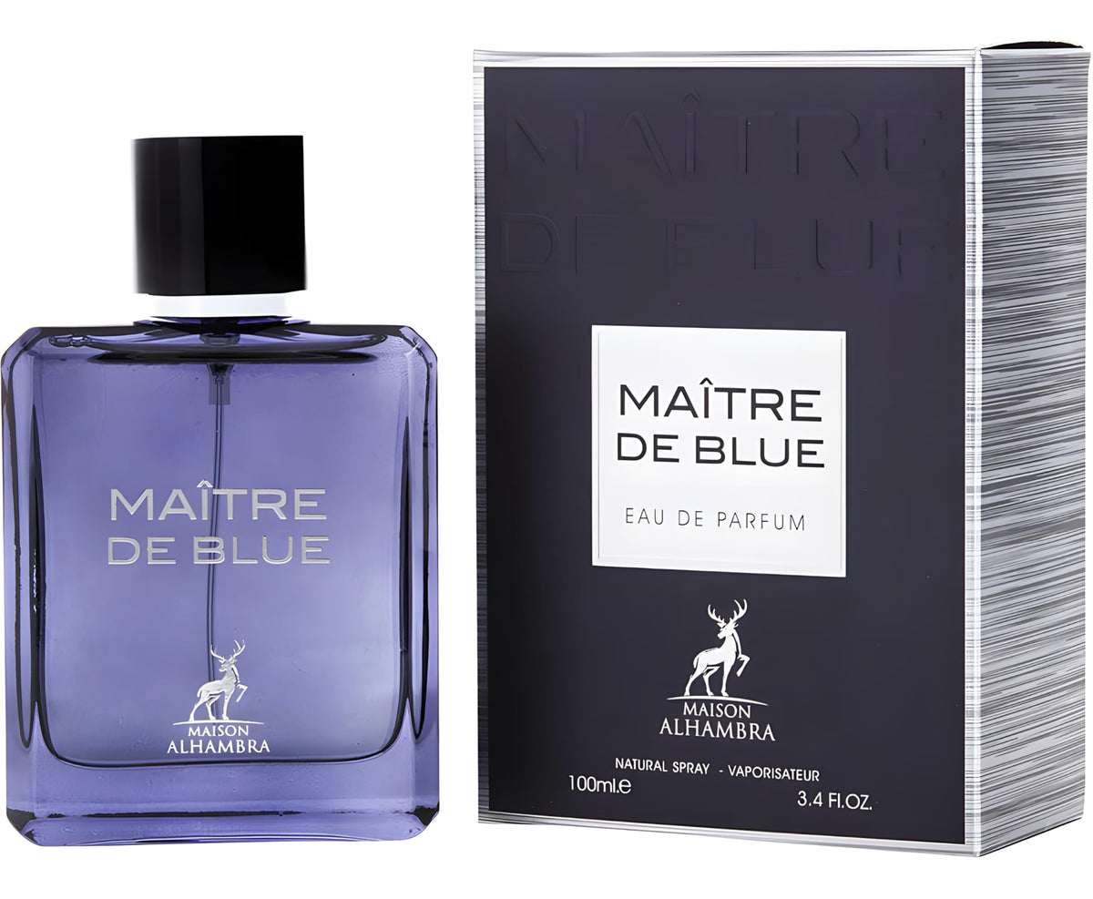 Maison Alhambra Maitre De Blue spray mist highlighting cedarwood and pepper notes for versatile wear.