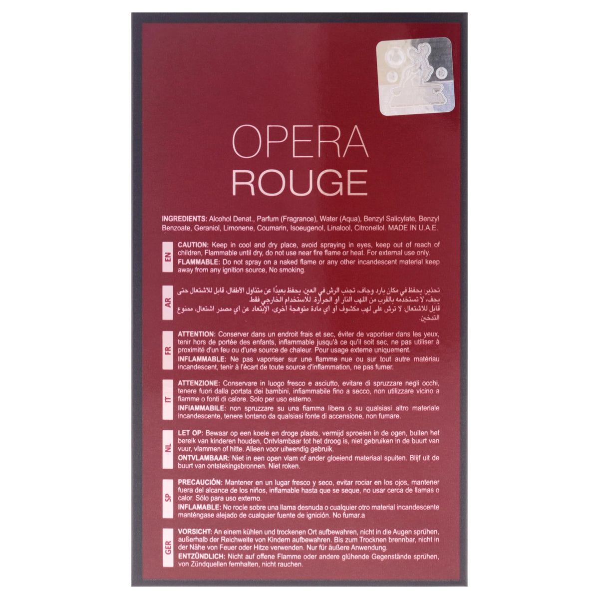 Maison Alhambra Opera Rouge bottle on display evokes premium fragrance moment.