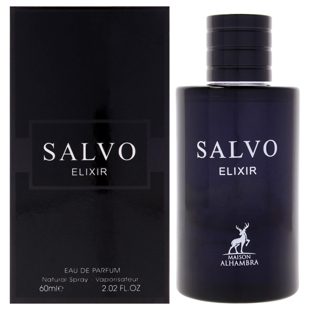 Maison Alhambra Salvo Elixir bottle closeup showing bold woody spice appeal