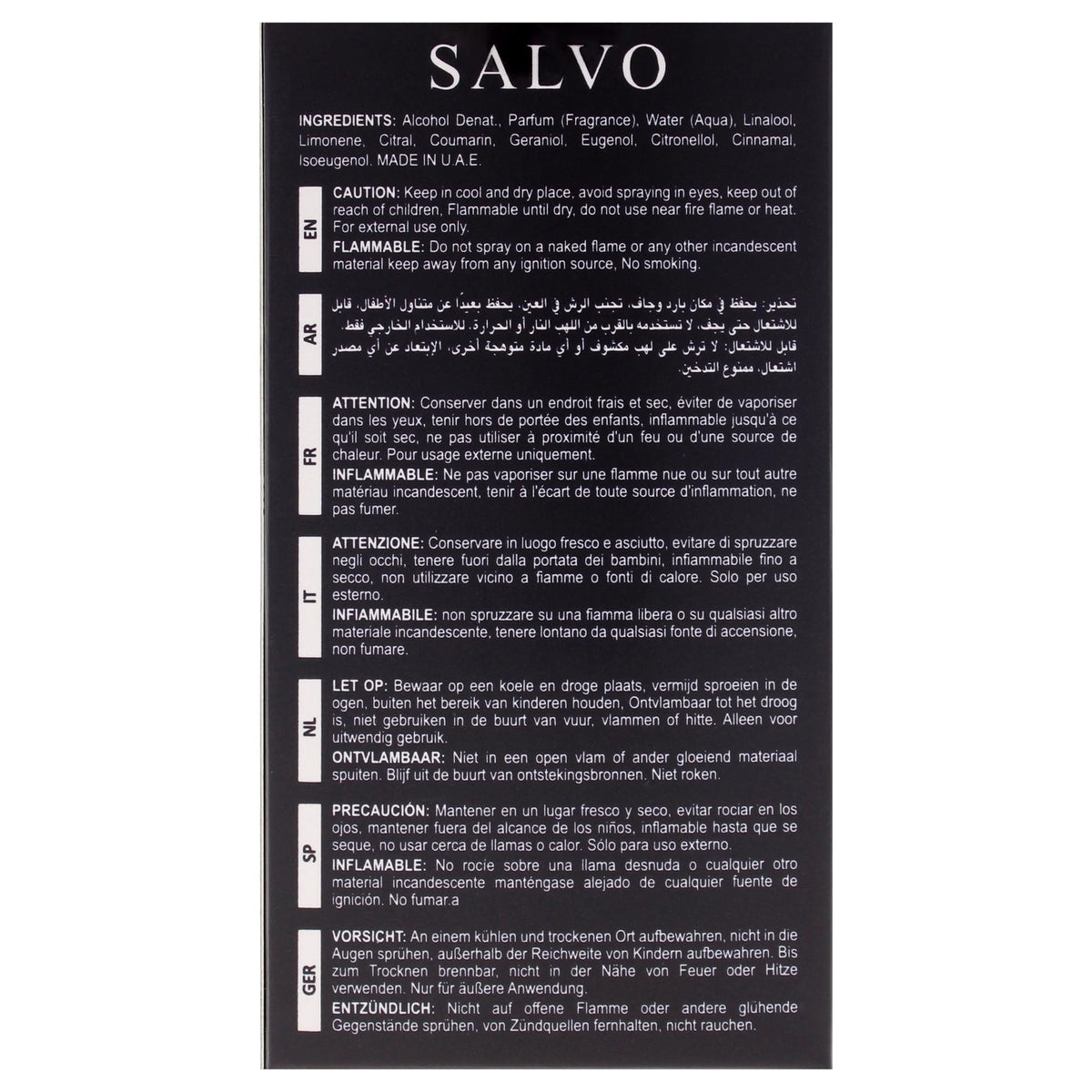 Label detail on Salvo Elixir highlighting notes and branding