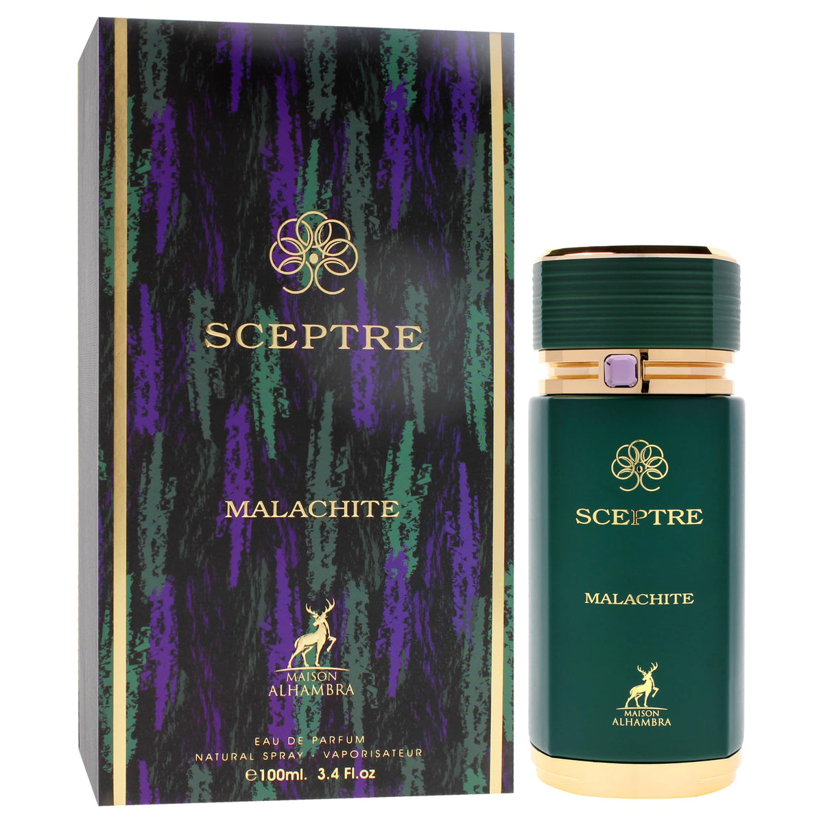 Maison Alhambra Sceptre Malachite amber-oud visual conveys rich warmth and exotic allure