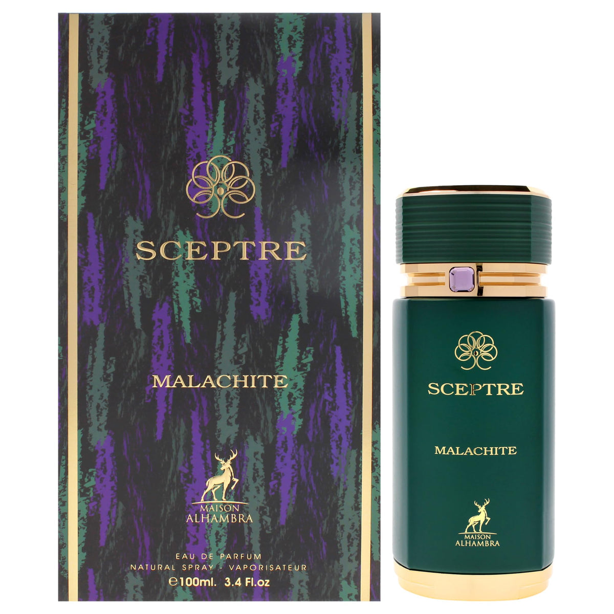 Maison Alhambra Sceptre Malachite bottle front showcases bold luxury for unisex fragrance