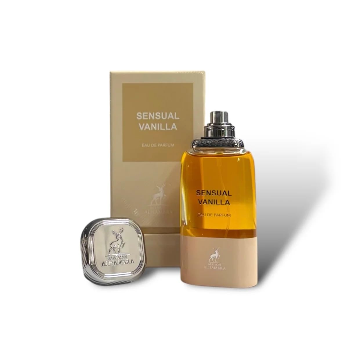 Maison Alhambra Sensual Vanilla cap close-up highlighting rich fragrance notes and elegant finish