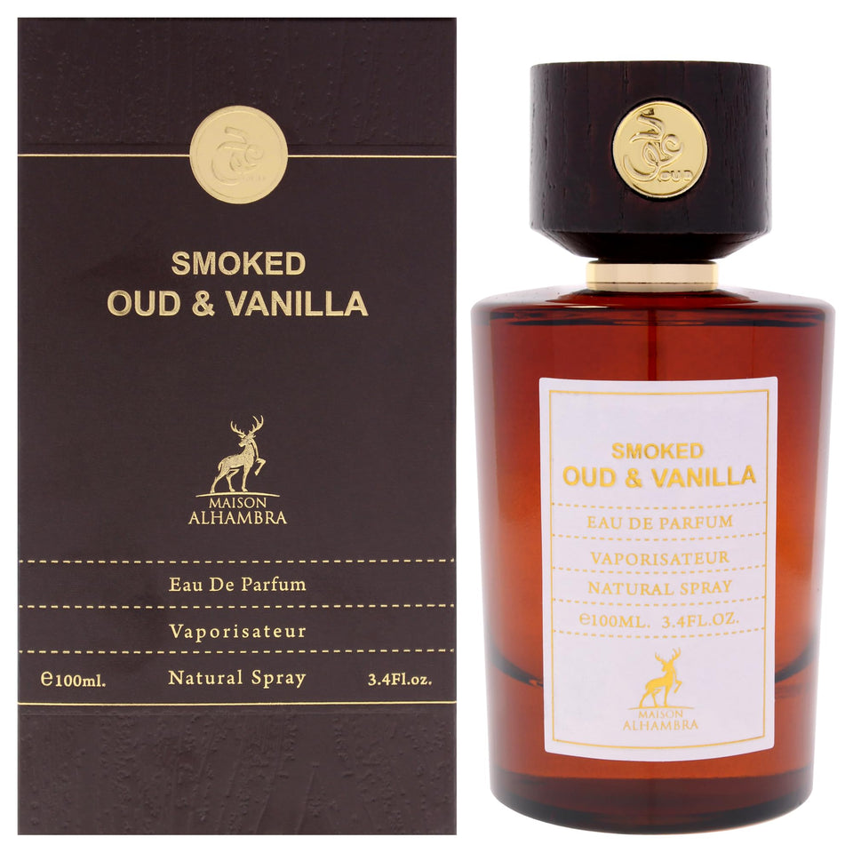 Maison Alhambra Smoked Oud Vanilla bottle on reflective surface for luxury scent experience