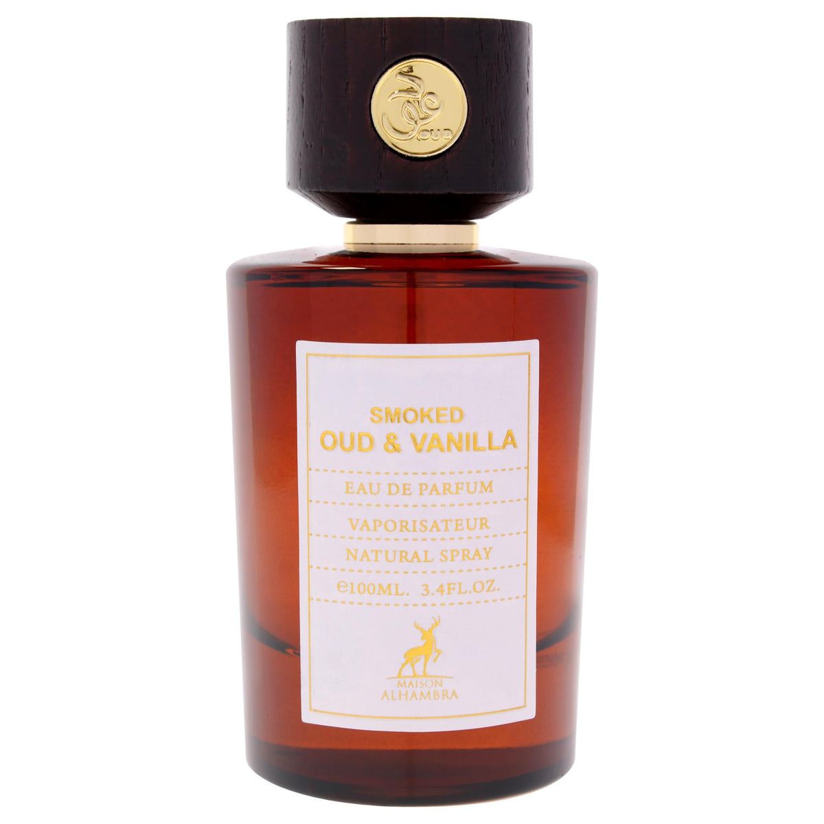Maison Alhambra Smoked Oud Vanilla spray bottle releasing warm, long-lasting notes