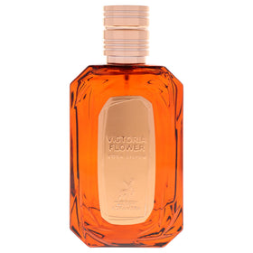Victoria Flower bottle close-up highlights rose and lily notes for refined fragrance.