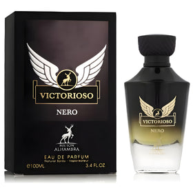 Maison Alhambra Victorioso Nero bottle side view, ideal for daily wear and confidence