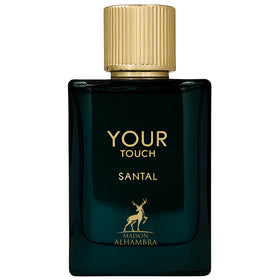 Maison Alhambra Your Touch Santal bottle detail showing sleek unisex design for everyday elegance.