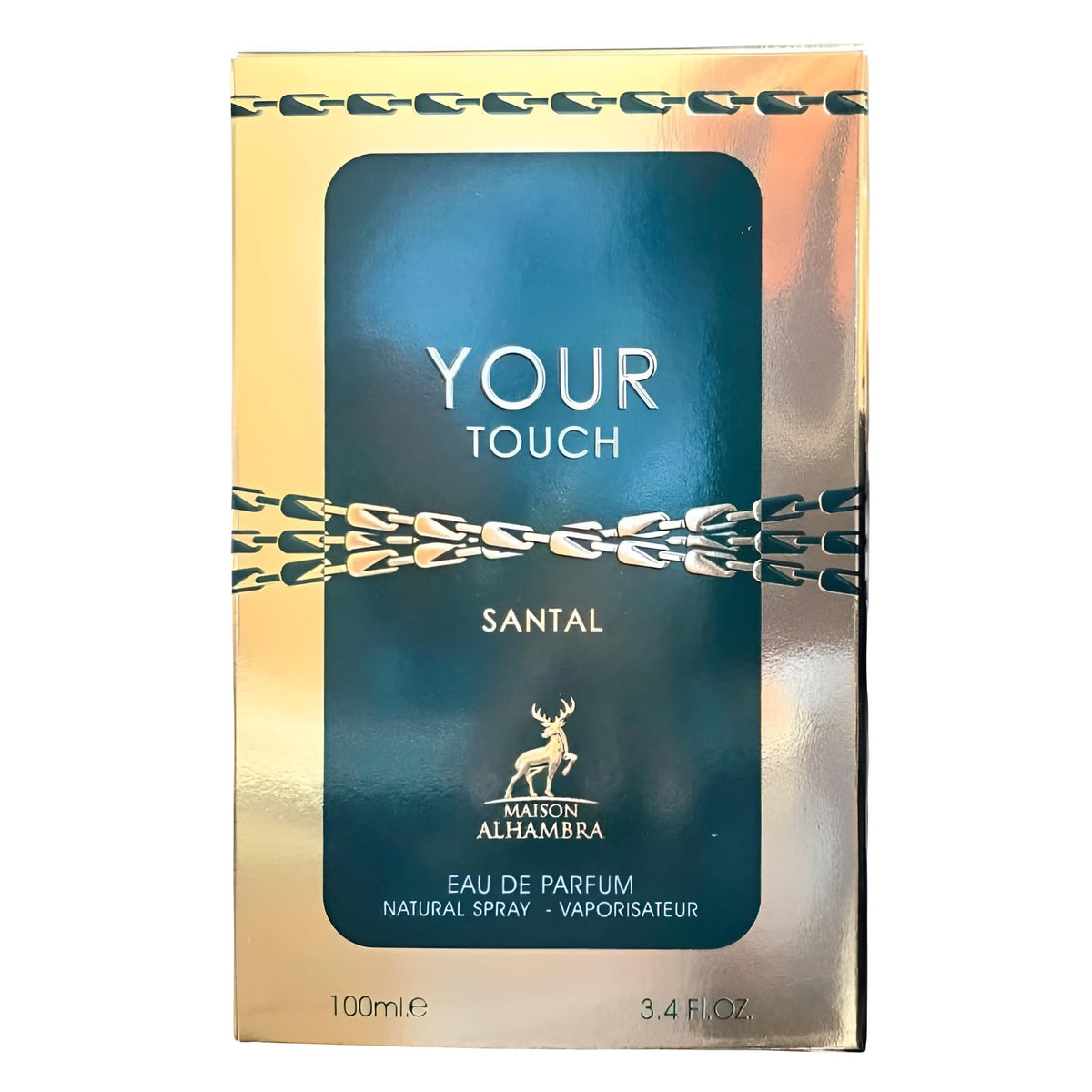 Maison Alhambra Your Touch Santal packaging close-up highlighting gift-ready presentation.