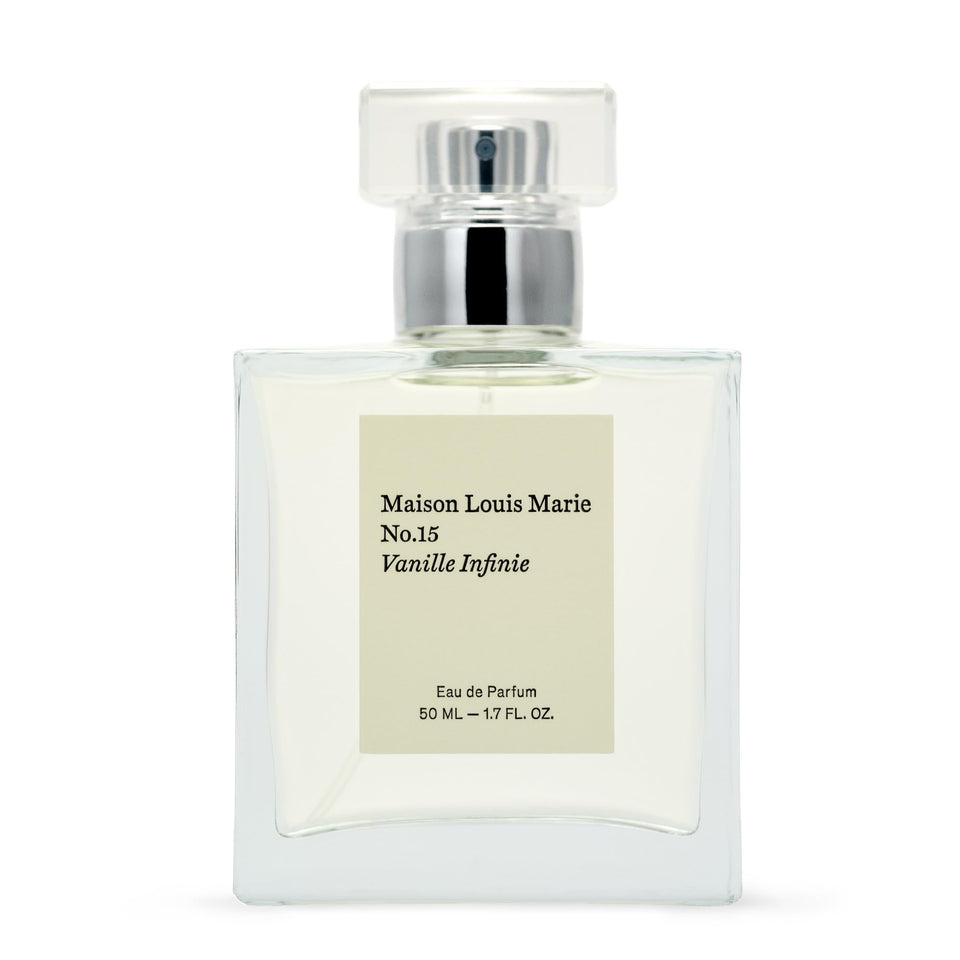 Maison Louis Marie No. 15 Vanille Infinie bottle on vanity for daily warm scent ritual.
