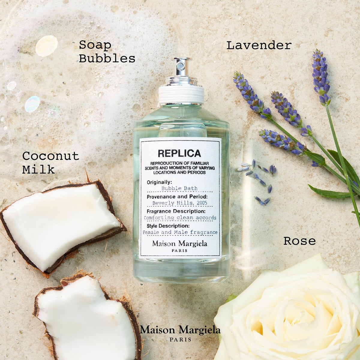 Maison Margiela Replica Bubble Bath rose note highlights delicate floral touch.