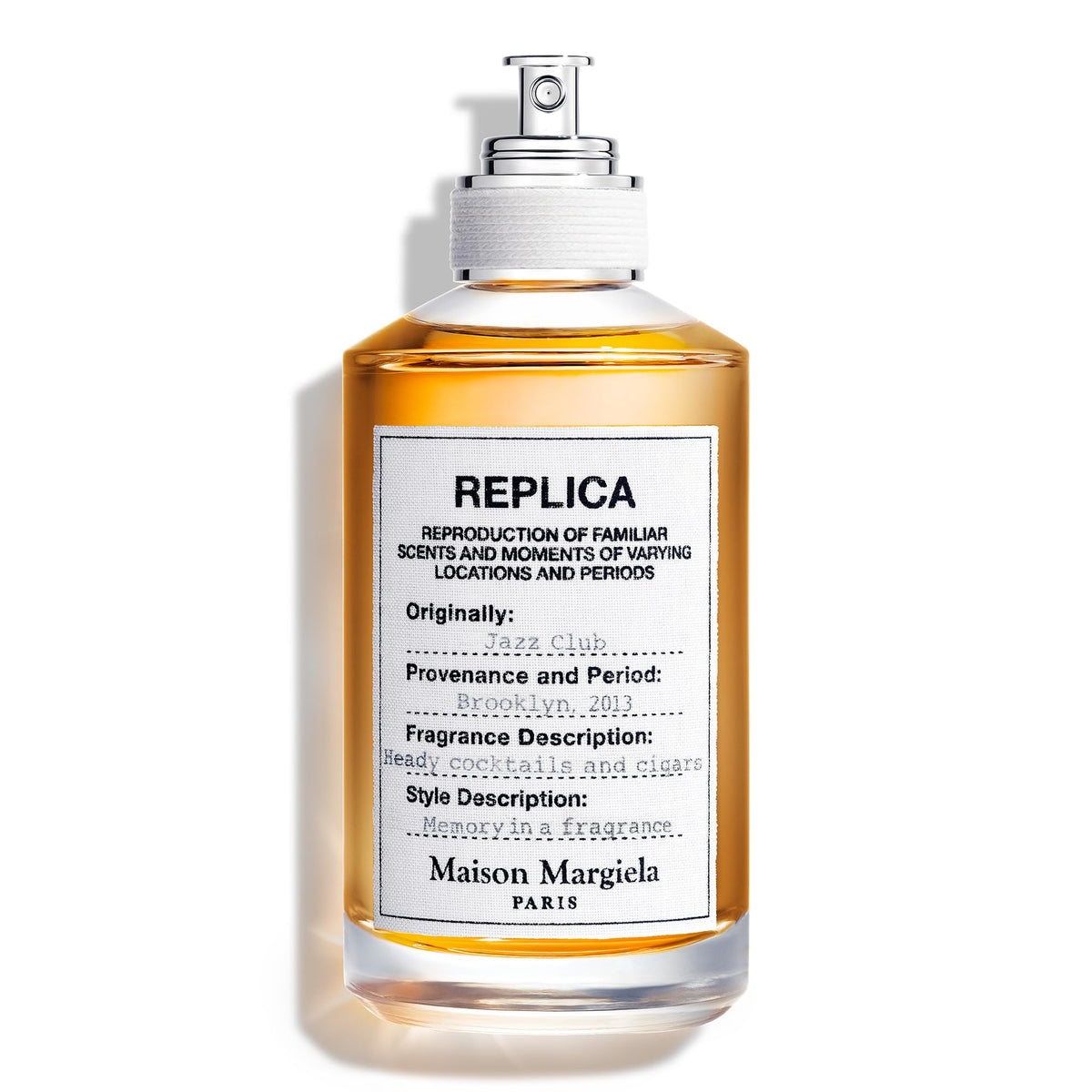 Maison Margiela Replica Jazz Club bottle image showing warm, spicy vanilla and rum notes for evening wear.