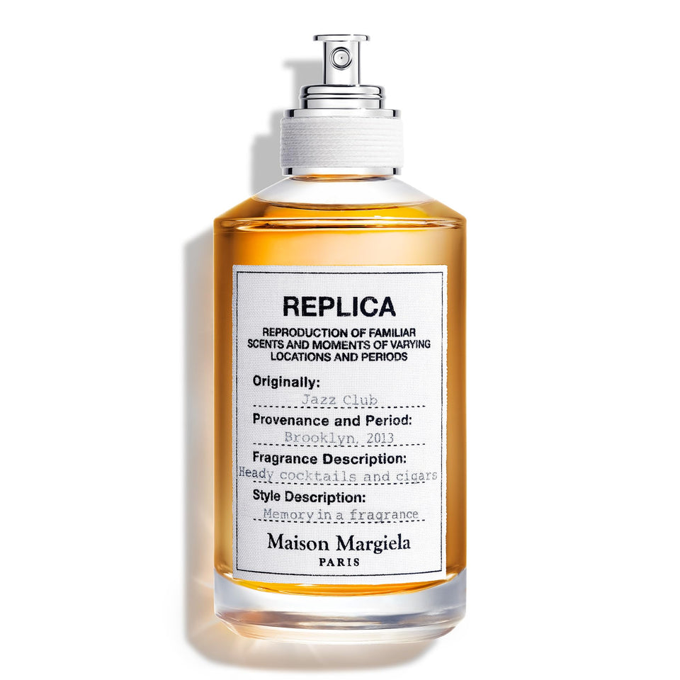 Maison Margiela Replica Jazz Club bottle image showing warm, spicy vanilla and rum notes for evening wear.
