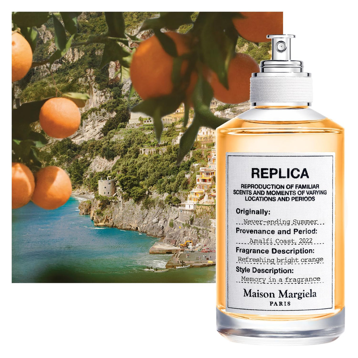 Maison Margiela Replica Never Ending Summer label detail evokes premium apothecary charm.