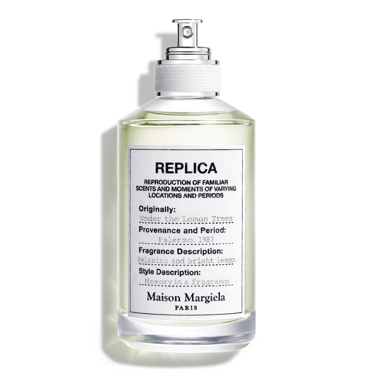Maison Margiela Replica Under the Lemon Trees bottle front view, fresh citrus mood for daily wear.