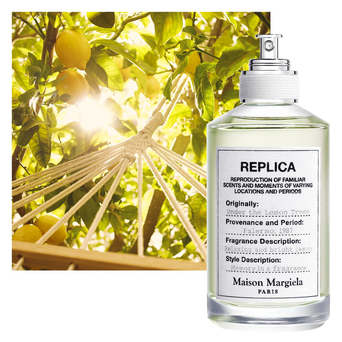 Maison Margiela Replica Under the Lemon Trees bottle side profile, versatile daytime scent.