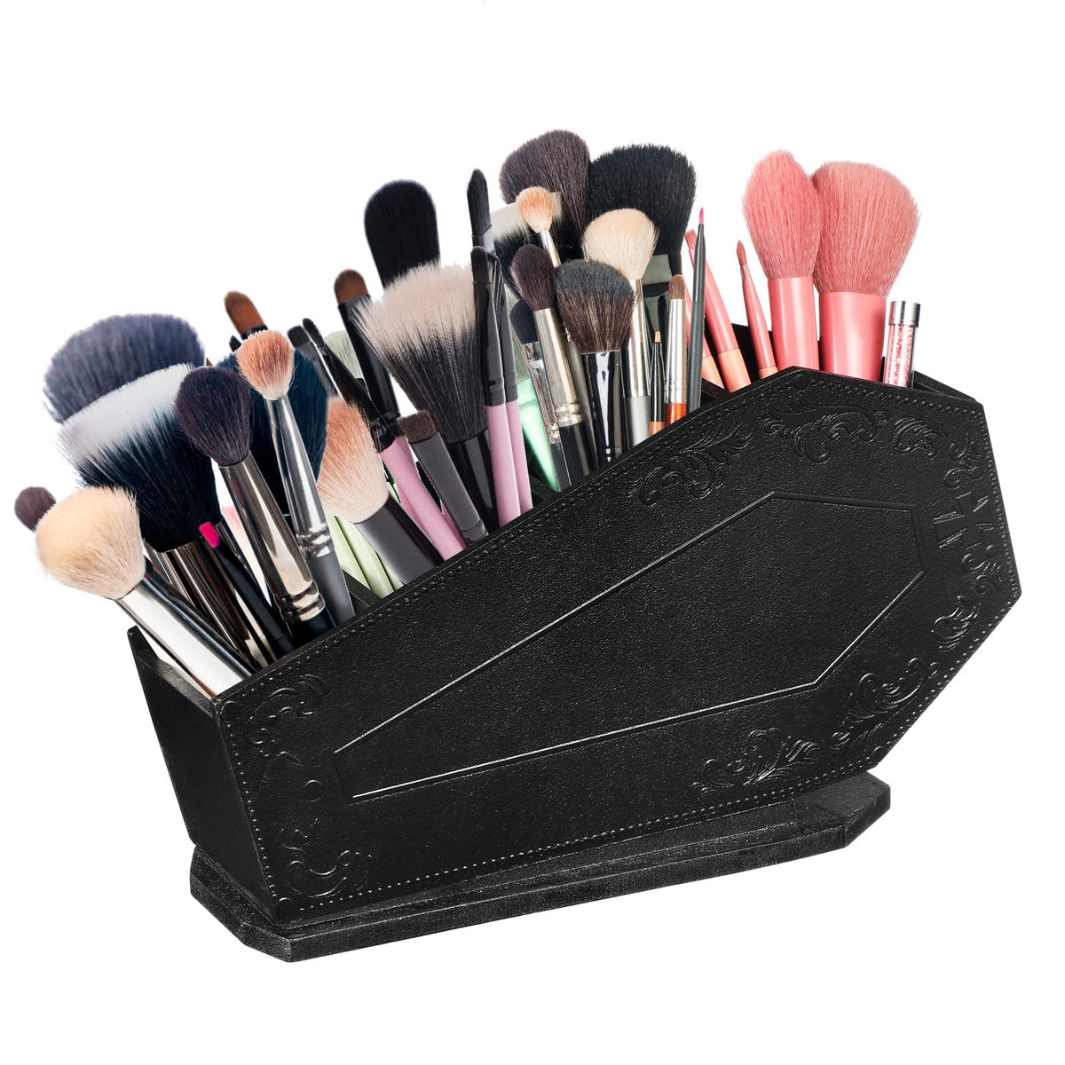 Maitys coffin makeup brush holder front view for chic desk organization.