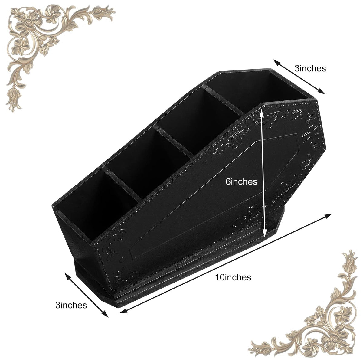 Maitys coffin organizer top detail highlighting gothic design and sturdy construction.