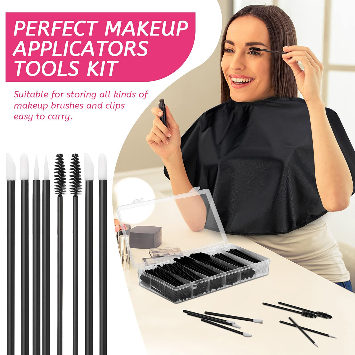 Maitys plastic organizer box with six compartments keeps eyeliner, mascara, and lipstick orderly.