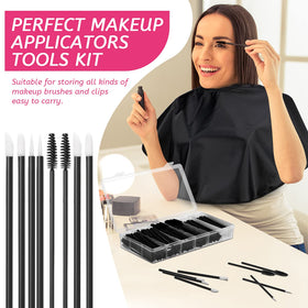 Maitys plastic organizer box with six compartments keeps eyeliner, mascara, and lipstick orderly.