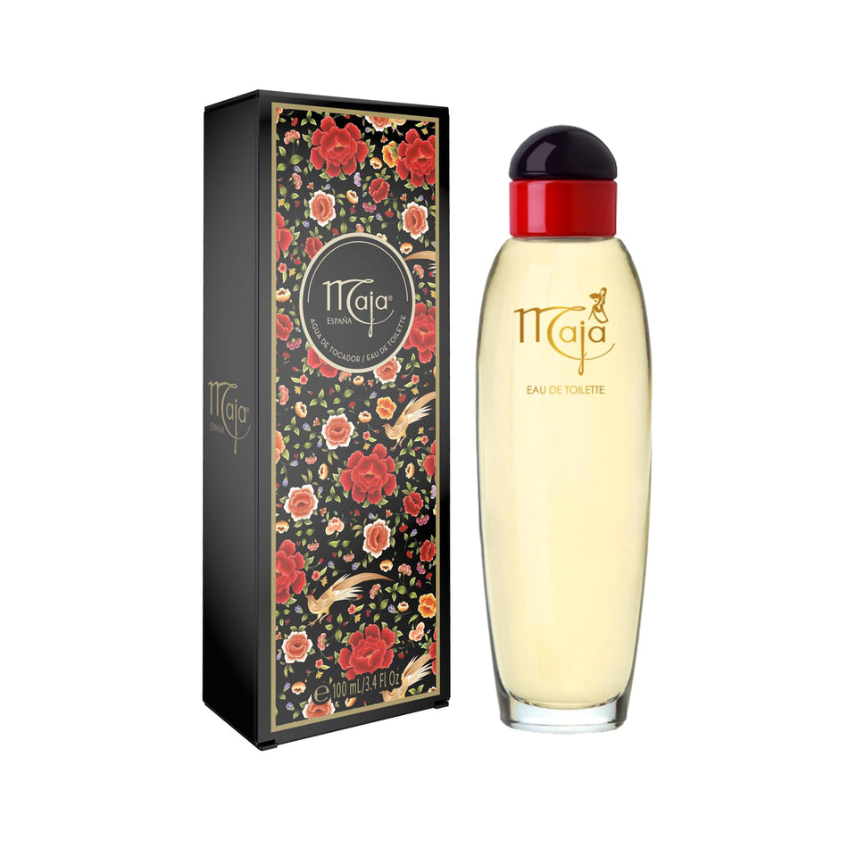 Maja by Myrurgia Eau de Toilette bottle on vanity for elegant evenings.