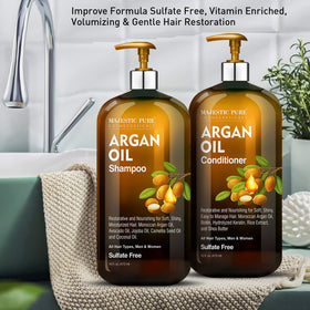 Majestic Pure Argan Oil Conditioner bottle emphasizing detangling and smoothing benefits.