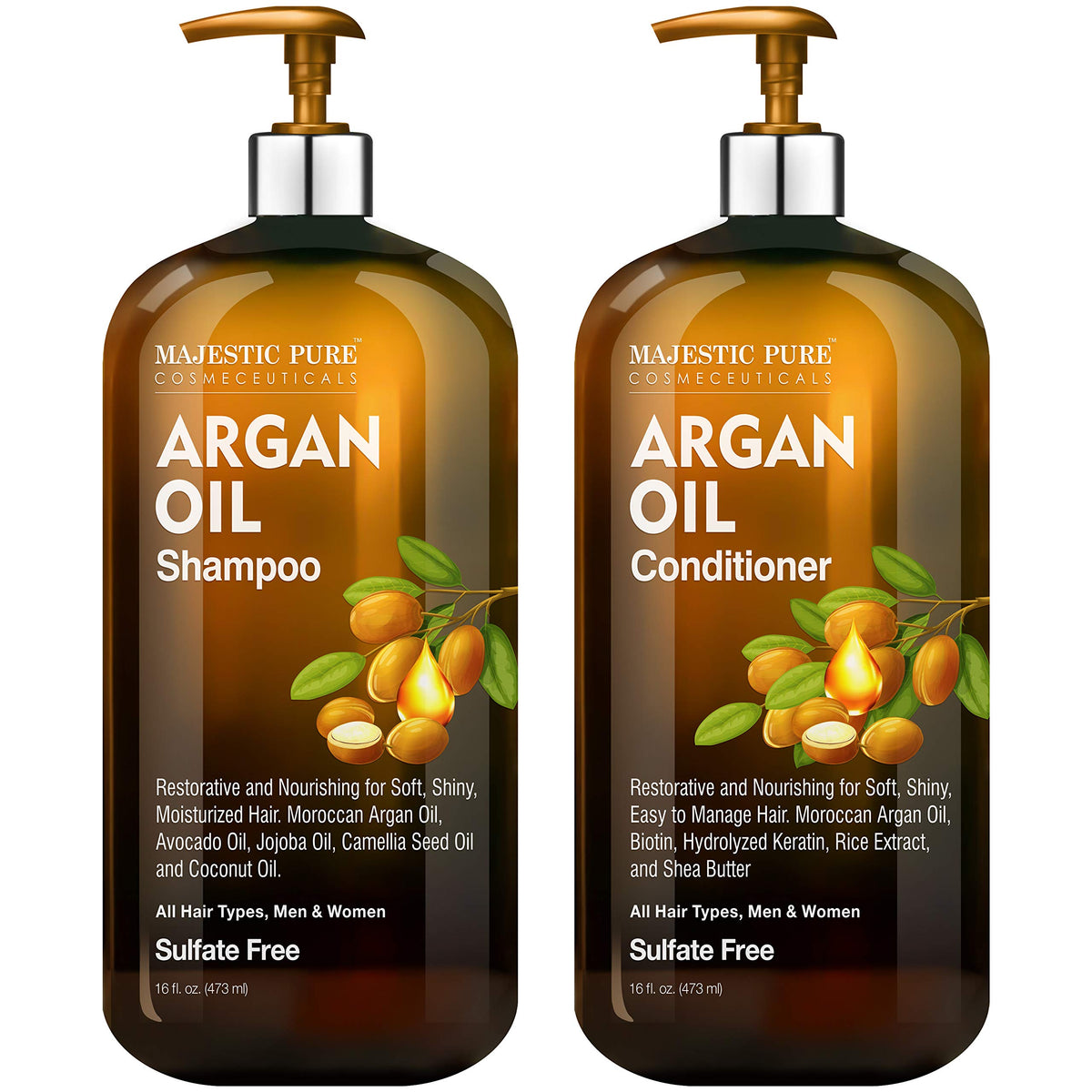 Majestic Pure Argan Oil Shampoo bottle showing nourishing formula for all hair types.