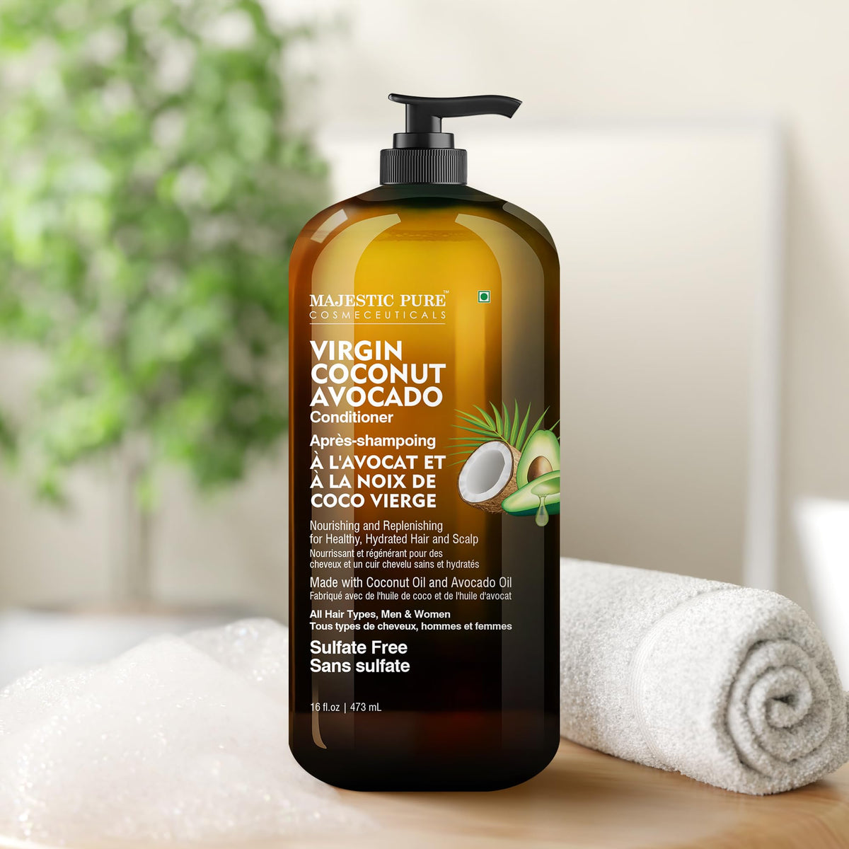 Majestic Pure Avocado Coconut Conditioner bottle emphasizes nourishment for all hair types.