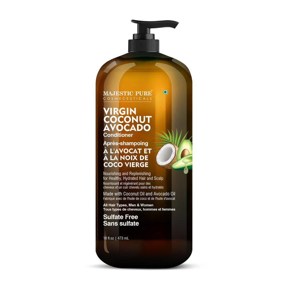 Majestic Pure Avocado Coconut Conditioner bottle beside fresh fruit, promoting moisture for daily use.