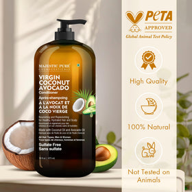 Majestic Pure Avocado Coconut Conditioner ingredients scene highlights argan oil and keratin for shine.