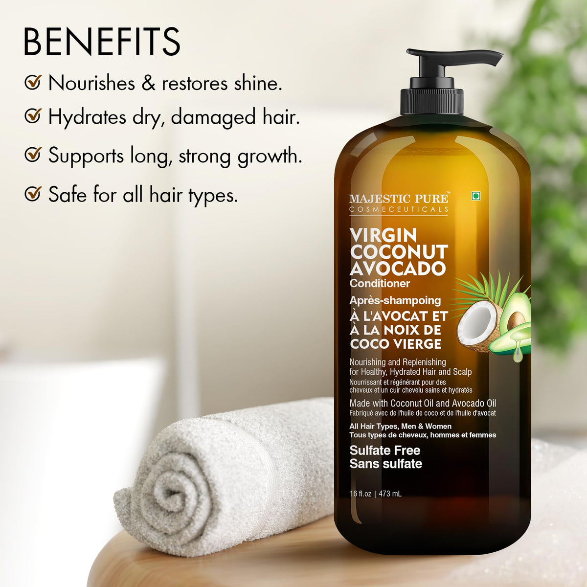 Majestic Pure Avocado Coconut Conditioner texture close-up showing creamy formula for damaged hair.