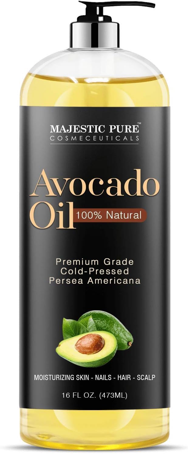 Majestic Pure avocado oil bottle pour for quick skin hydration.