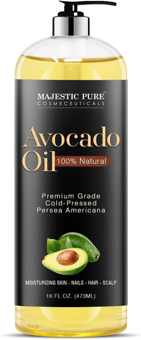 Majestic Pure avocado oil bottle pour for quick skin hydration.