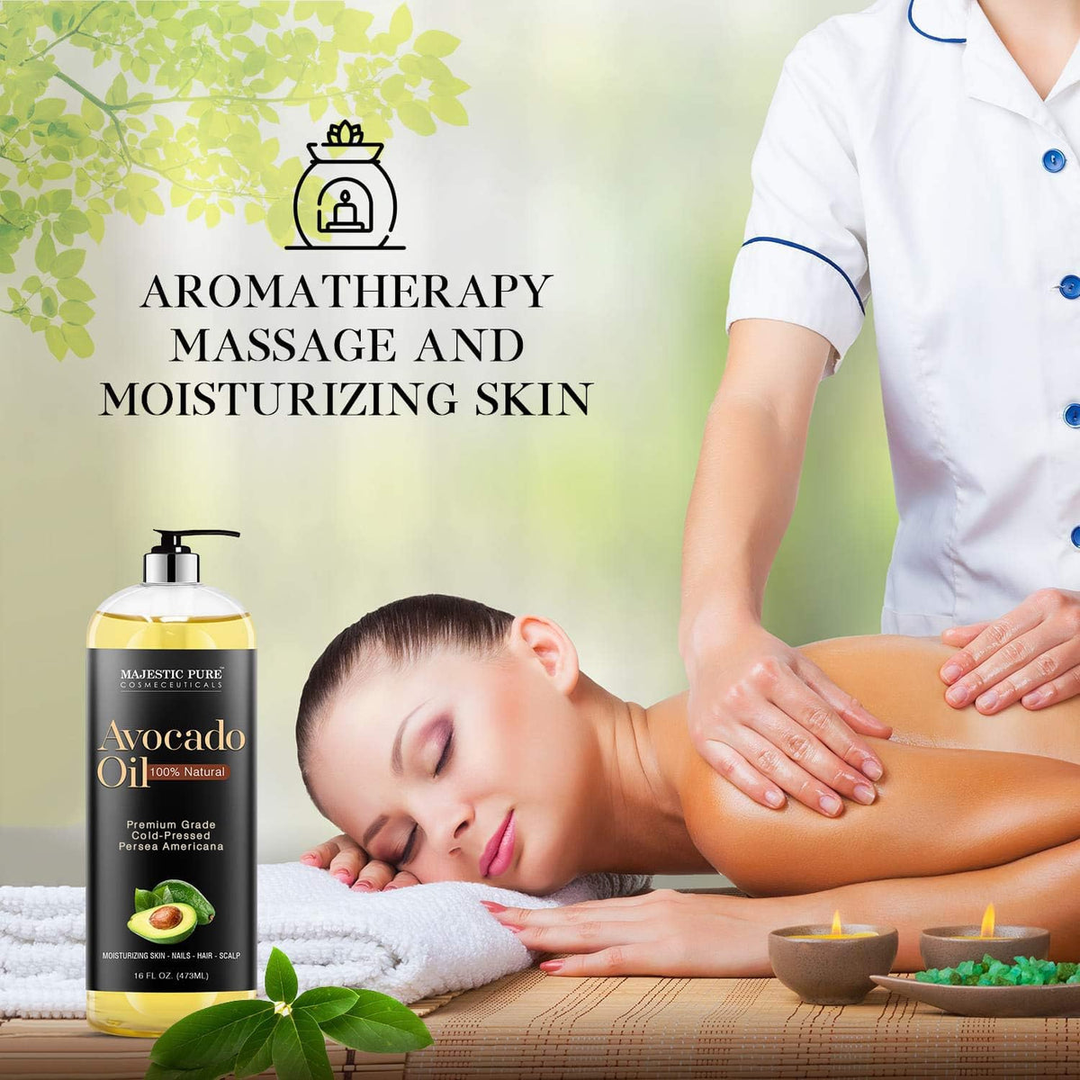 Majestic Pure avocado oil hair application for scalp moisture and shine.