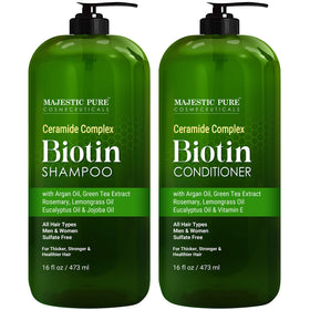 Majestic Pure Biotin Shampoo bottle shown for daily cleansing and scalp care
