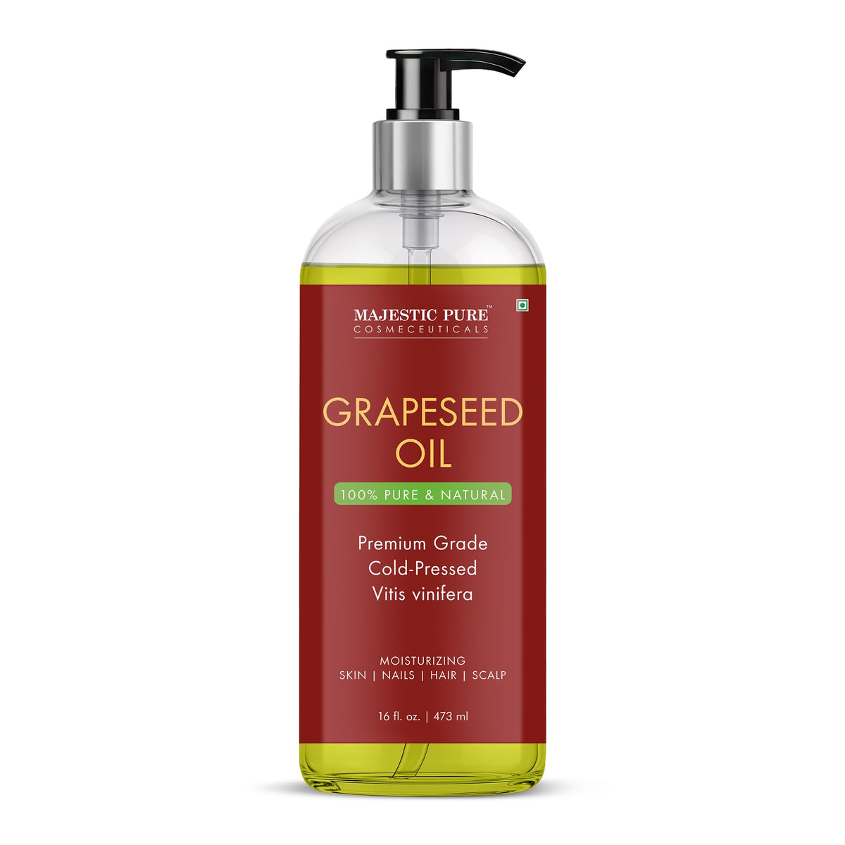 Majestic Pure Grapeseed Oil bottle front view for daily skin hydration.
